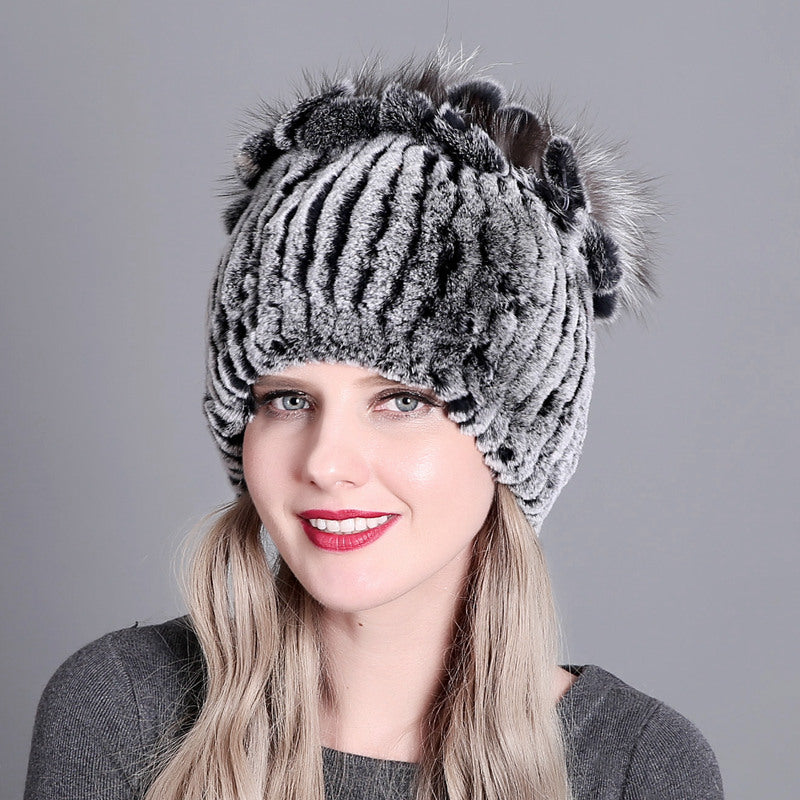 Wholesale Rex Rabbit Fur Woven Fur Hat Autumn and Winter Warm Thickened Knitted Hat