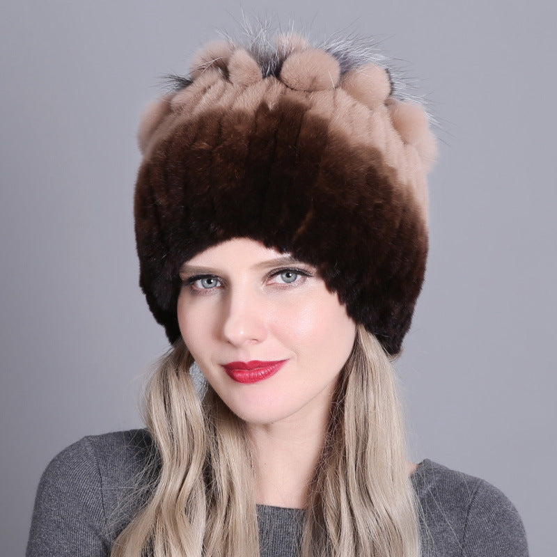 Wholesale Rex Rabbit Fur Woven Fur Hat Autumn and Winter Warm Thickened Knitted Hat