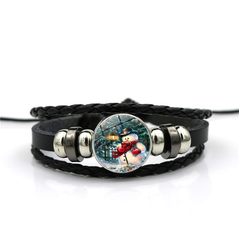 Wholesale Christmas Snowman Time Gem Black Braided Alloy Bracelet