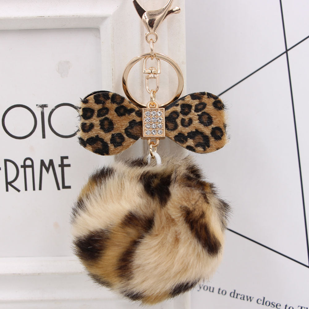 Wholesale Chic Leopard Print Bow Pom Pom Leather Keychain Car Key Accessory Gift
