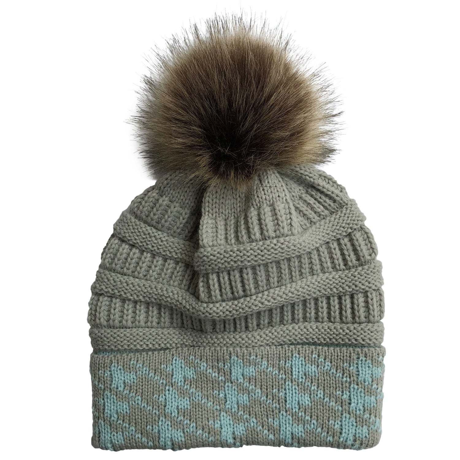 Wholesale Wool Houndstooth Colorblock Pom Pom Knitted Hat