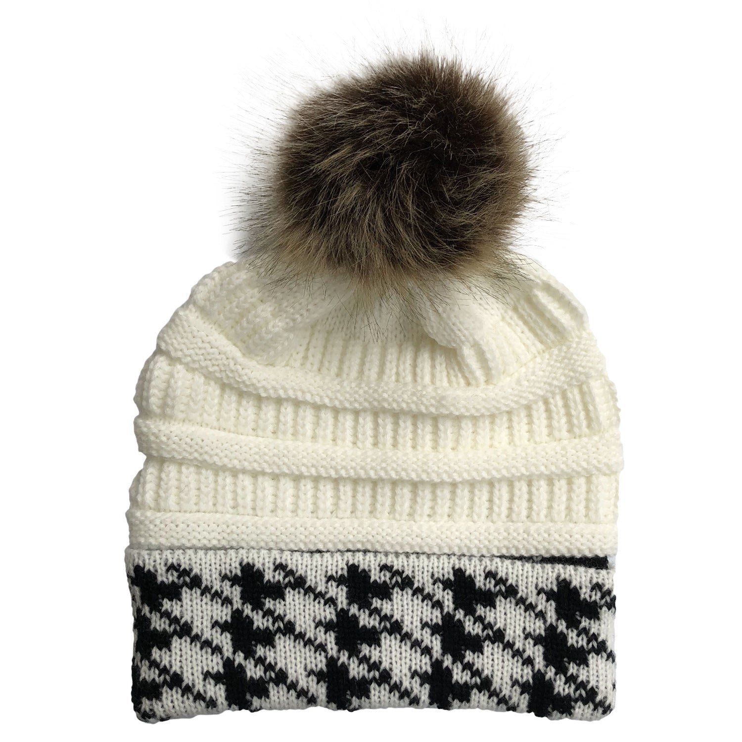 Wholesale Wool Houndstooth Colorblock Pom Pom Knitted Hat