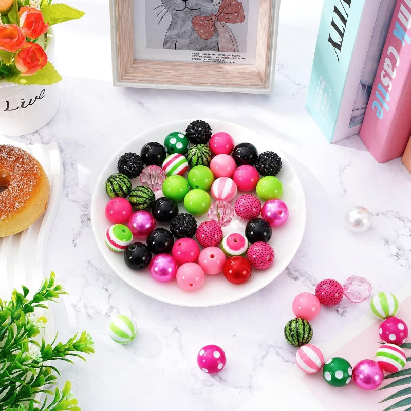 Wholesale Whaline 50Pcs 20mm Summer Beads 14 Styles Watermelon Theme Mixed Bubblegum Beads Set Pink Green Spacer Bead Chunky Beads Jumbo Plastic Beads for DIY Jewelry Making Boutique Craft Supplies