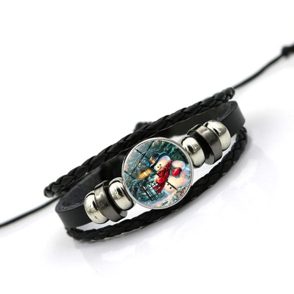 Wholesale Christmas Snowman Time Gem Black Braided Alloy Bracelet