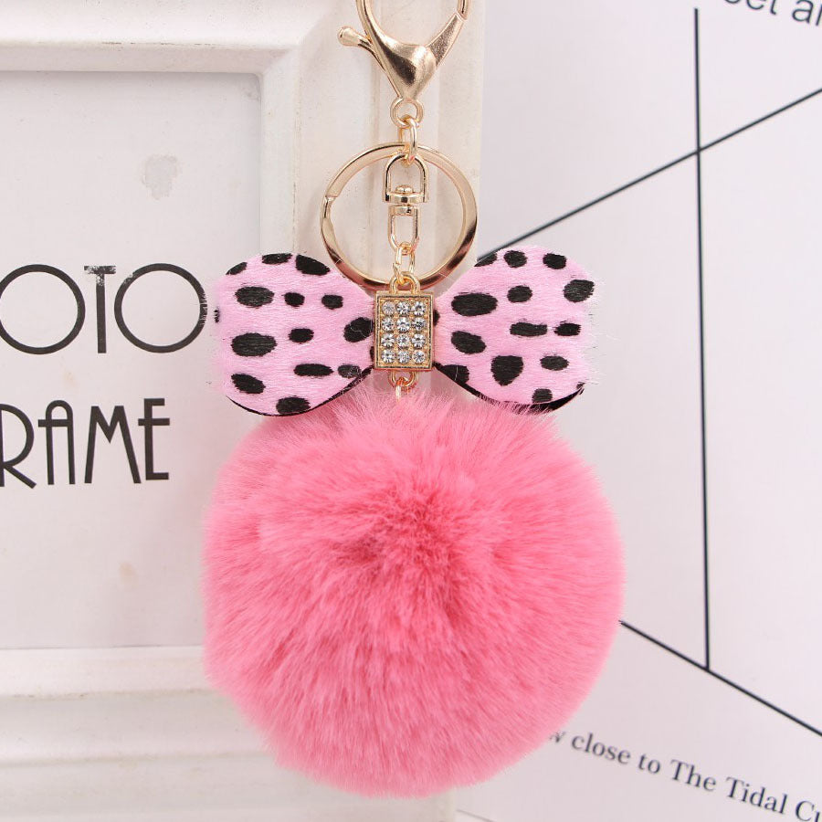 Wholesale Chic Leopard Print Bow Pom Pom Leather Keychain Car Key Accessory Gift