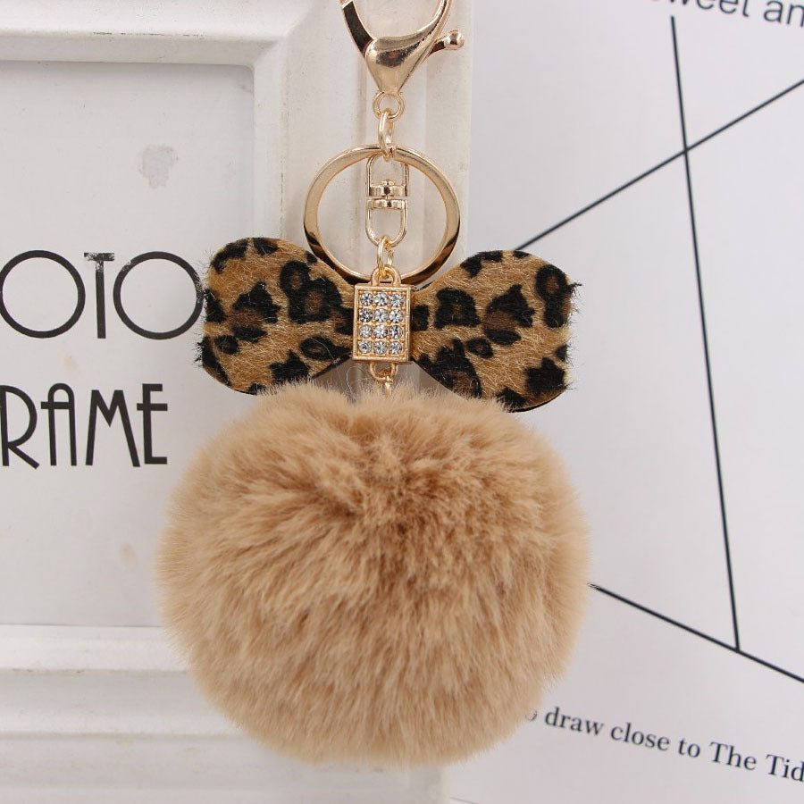 Wholesale Chic Leopard Print Bow Pom Pom Leather Keychain Car Key Accessory Gift