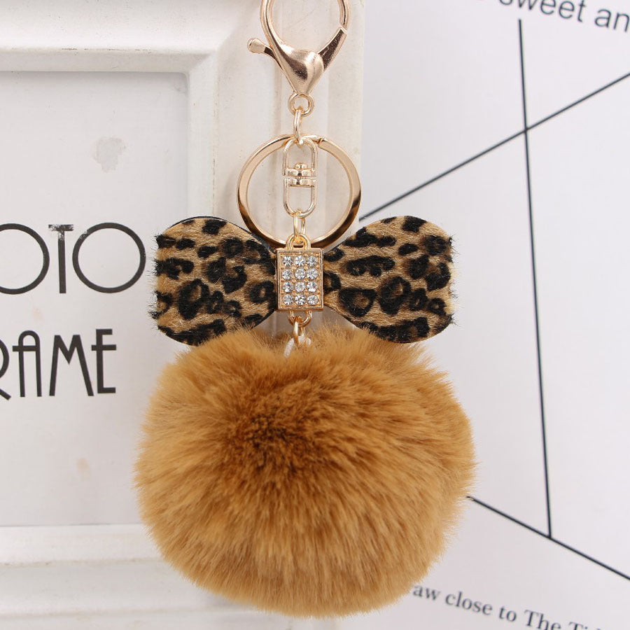 Wholesale Chic Leopard Print Bow Pom Pom Leather Keychain Car Key Accessory Gift