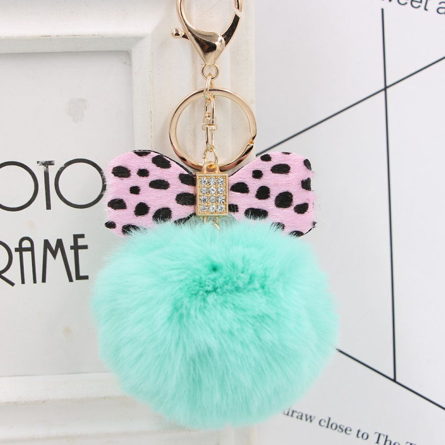 Wholesale Chic Leopard Print Bow Pom Pom Leather Keychain Car Key Accessory Gift