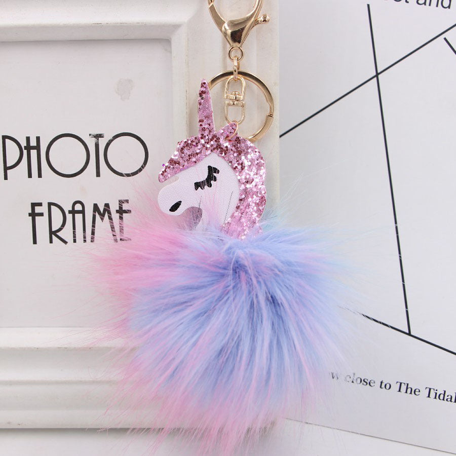 Wholesale Stylish Unicorn Pom Pom Keychain Faux Fur Bag Charm Fashion Accessory Gift For Girls