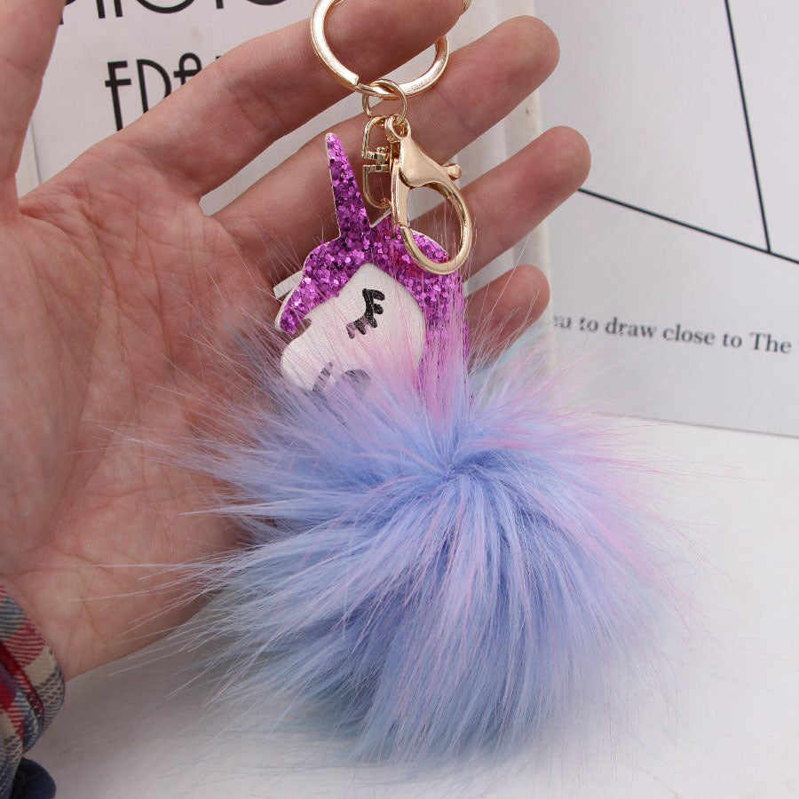 Wholesale Stylish Unicorn Pom Pom Keychain Faux Fur Bag Charm Fashion Accessory Gift For Girls