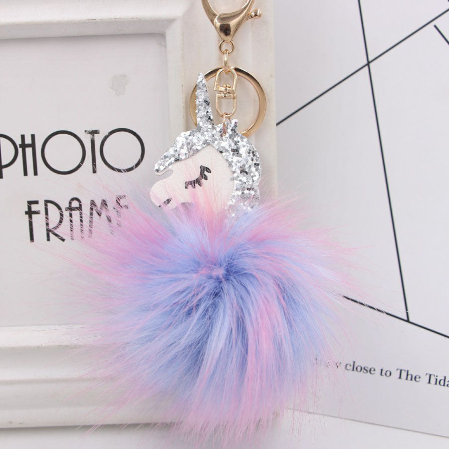 Wholesale Stylish Unicorn Pom Pom Keychain Faux Fur Bag Charm Fashion Accessory Gift For Girls
