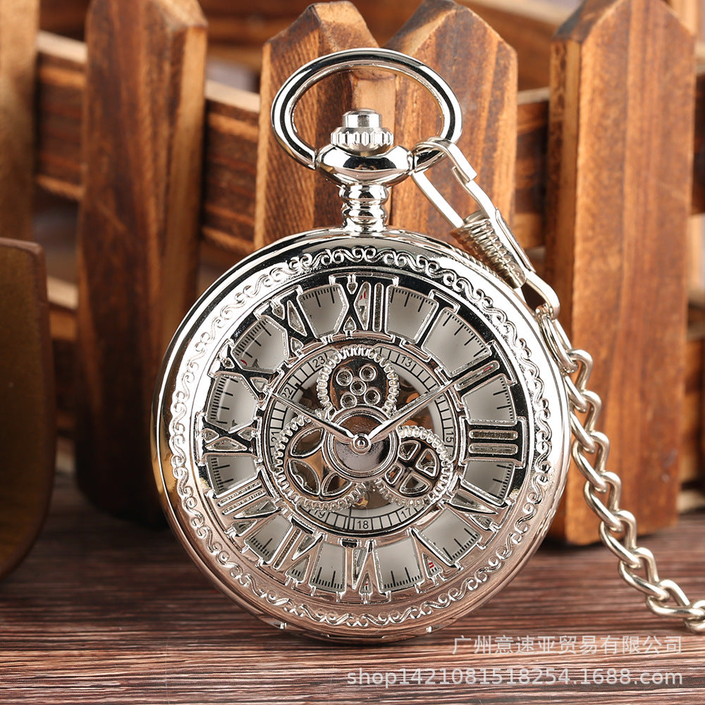 Wholesale New Retro Flip Hollow Necklace Pocket Watch Red Bronze Hollow Gear Roman Face Men's and Women's Mechanical Pocket Watch