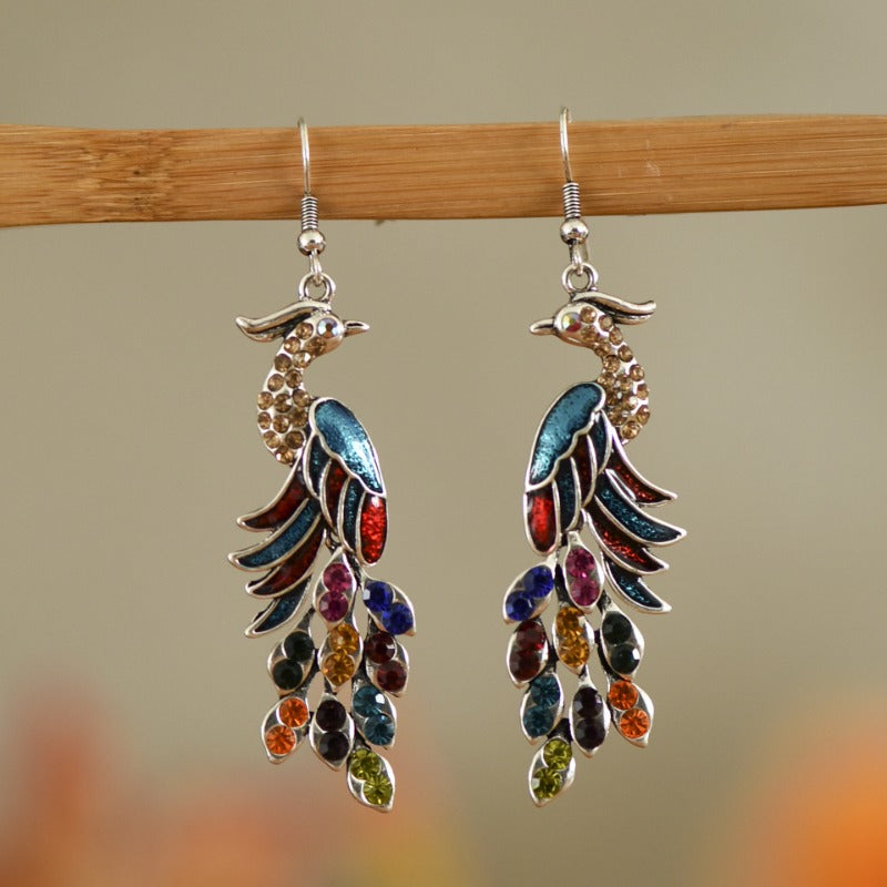 Wholesale Chinese Style Diamond Studded Texture Peacock Retro Earrings