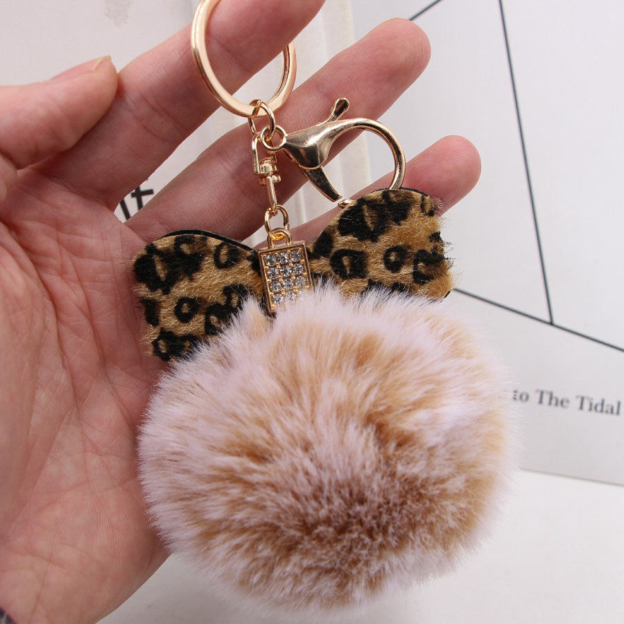 Wholesale Chic Leopard Print Bow Pom Pom Leather Keychain Car Key Accessory Gift