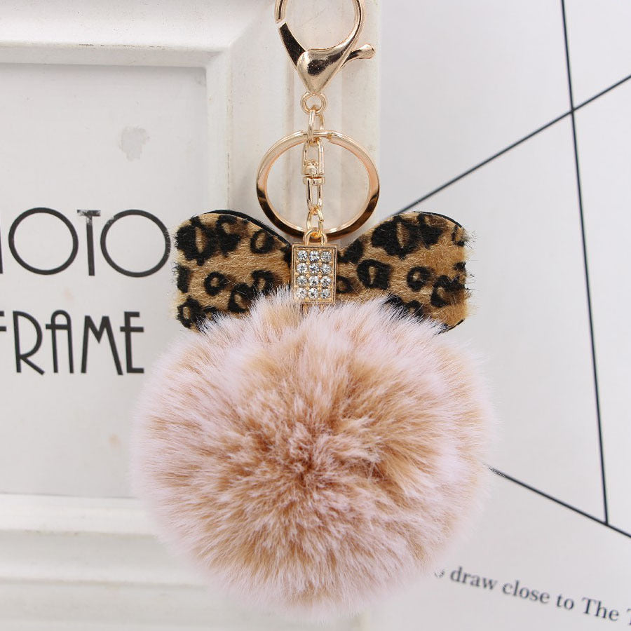 Wholesale Chic Leopard Print Bow Pom Pom Leather Keychain Car Key Accessory Gift