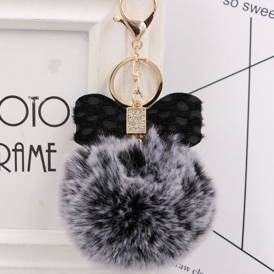 Wholesale Chic Leopard Print Bow Pom Pom Leather Keychain Car Key Accessory Gift