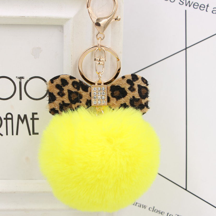 Wholesale Chic Leopard Print Bow Pom Pom Leather Keychain Car Key Accessory Gift