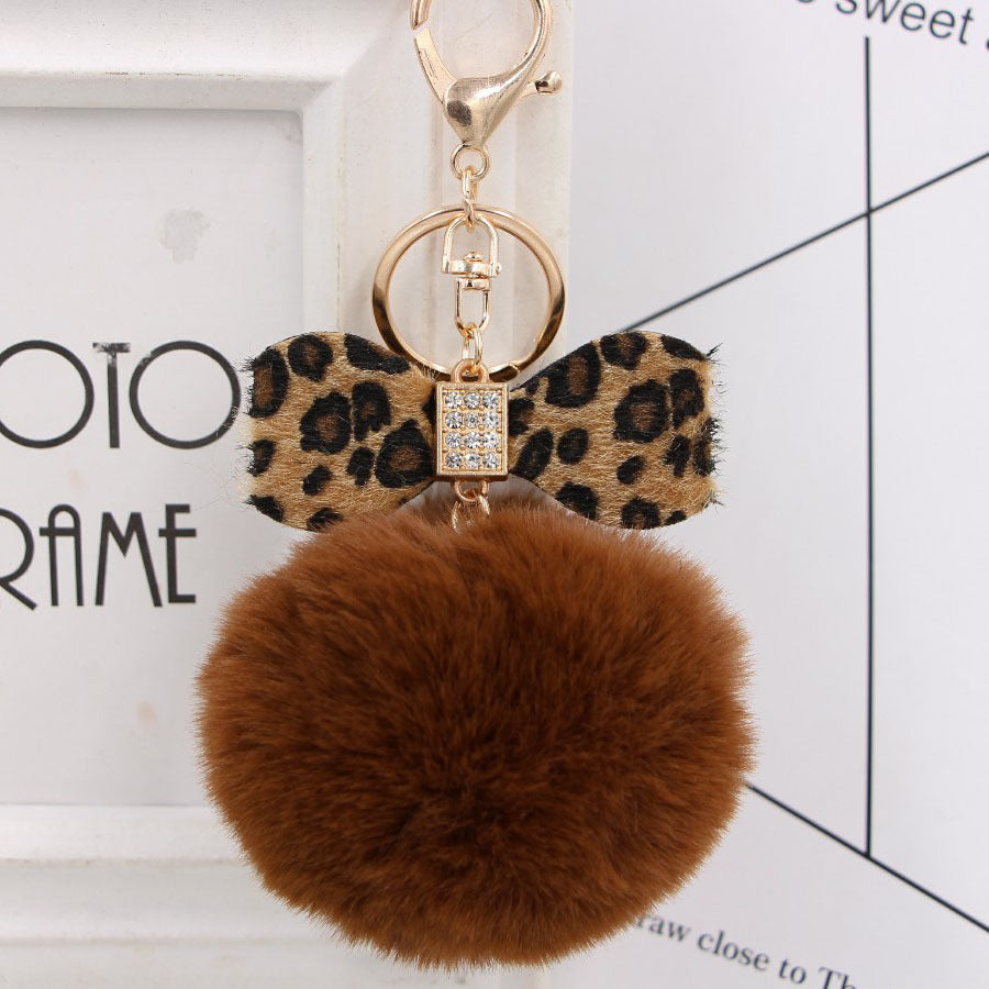 Wholesale Chic Leopard Print Bow Pom Pom Leather Keychain Car Key Accessory Gift
