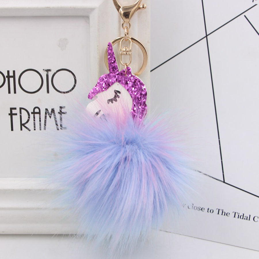Wholesale Stylish Unicorn Pom Pom Keychain Faux Fur Bag Charm Fashion Accessory Gift For Girls