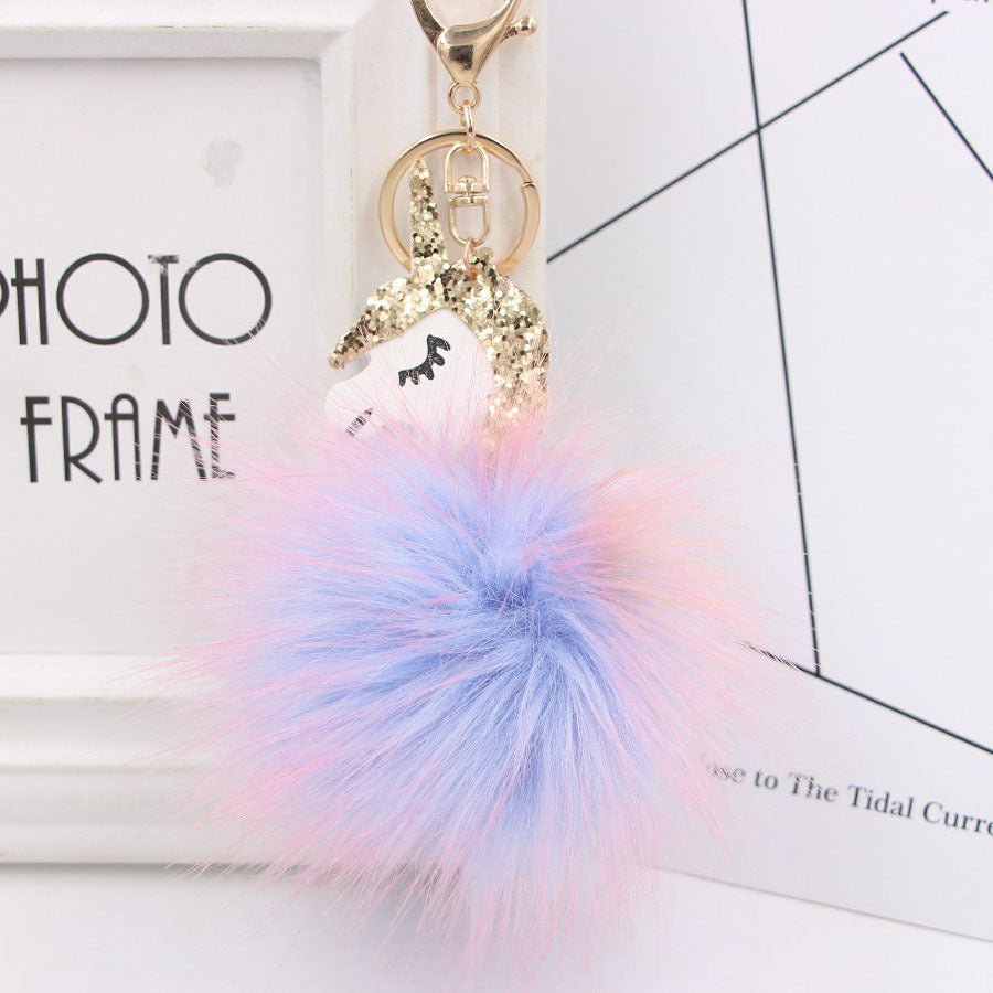 Wholesale Stylish Unicorn Pom Pom Keychain Faux Fur Bag Charm Fashion Accessory Gift For Girls