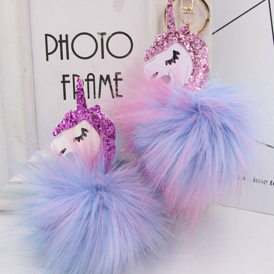 Wholesale Stylish Unicorn Pom Pom Keychain Faux Fur Bag Charm Fashion Accessory Gift For Girls