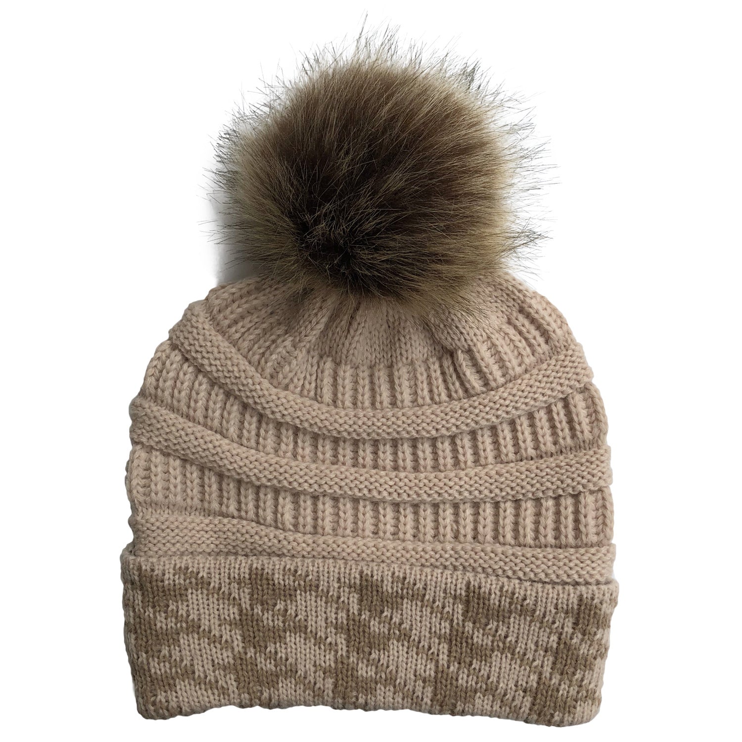 Wholesale Wool Houndstooth Colorblock Pom Pom Knitted Hat
