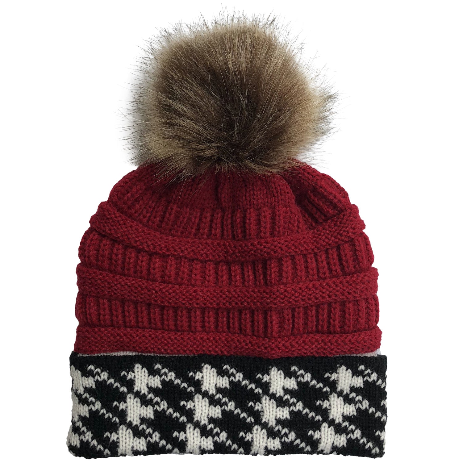 Wholesale Wool Houndstooth Colorblock Pom Pom Knitted Hat