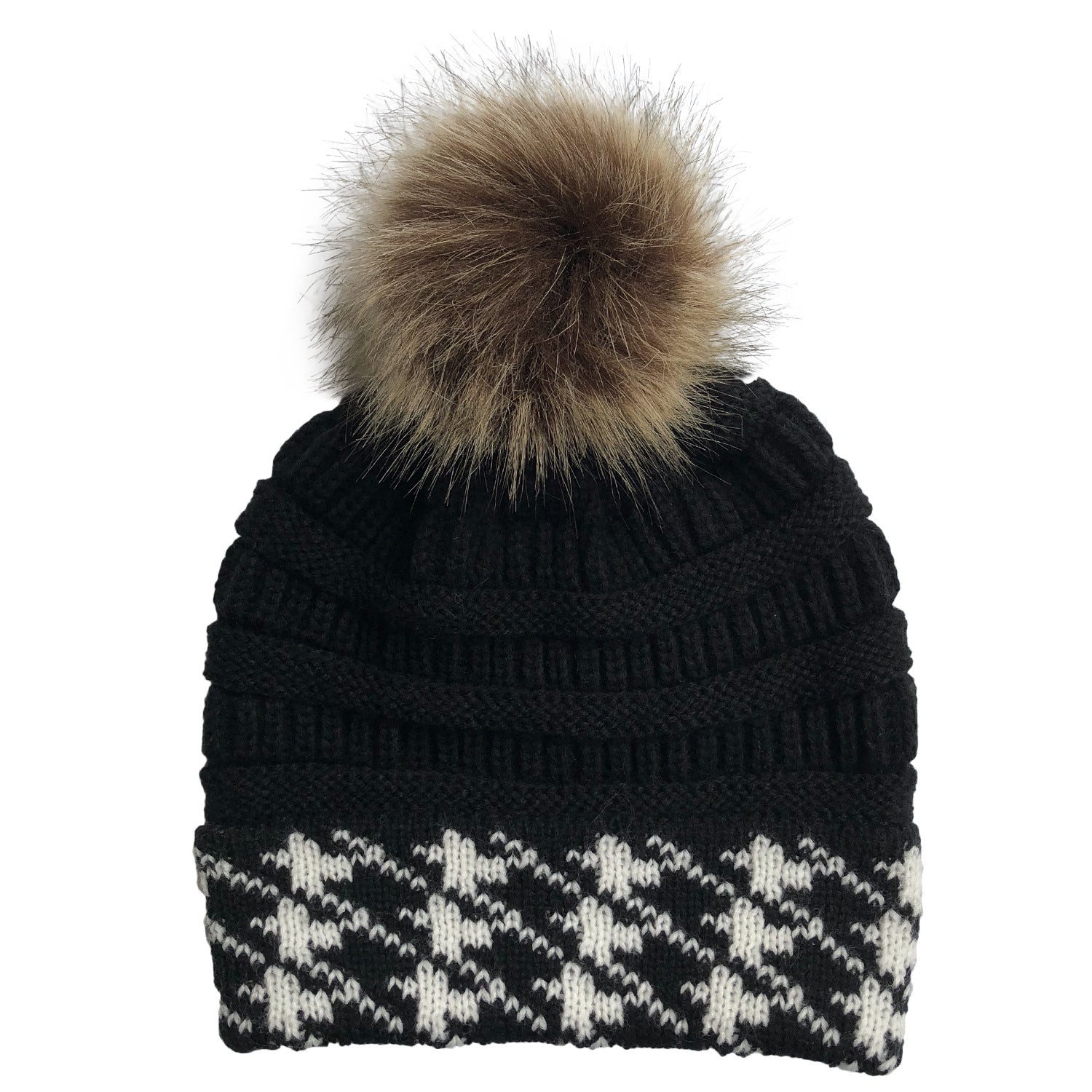 Wholesale Wool Houndstooth Colorblock Pom Pom Knitted Hat