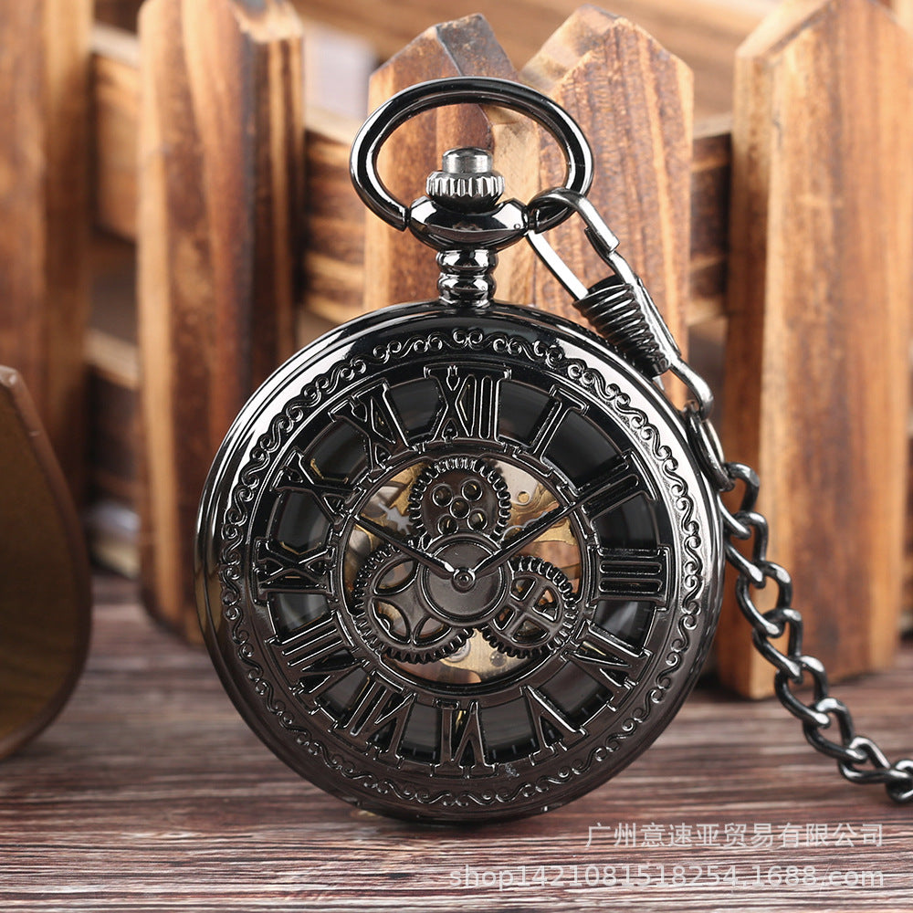 Wholesale New Retro Flip Hollow Necklace Pocket Watch Red Bronze Hollow Gear Roman Face Men's and Women's Mechanical Pocket Watch