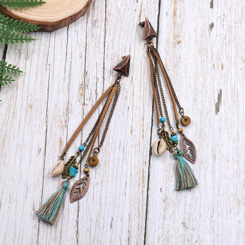 Wholesale Exaggerated Long Tassel Shell Leaf Earrings