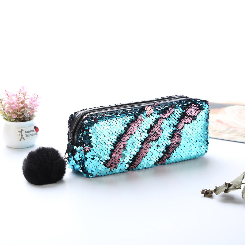 Wholesale Fur Ball Sequin Pencil Case Cosmetic Bag