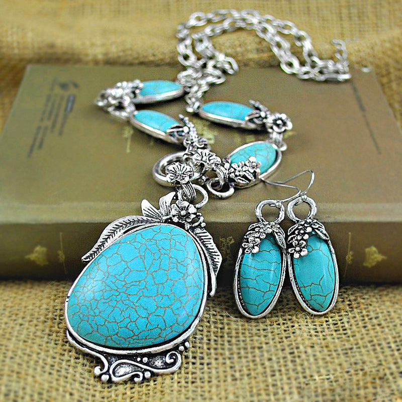 Wholesale Ethnic Style Turquoise Beaded Necklace Sweater Chain Earrings Ring Jewelry Set