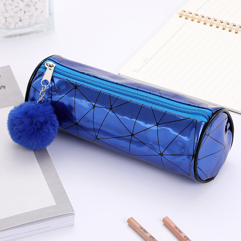 Wholesale Cylindrical Laser Pencil Case with Fur Ball