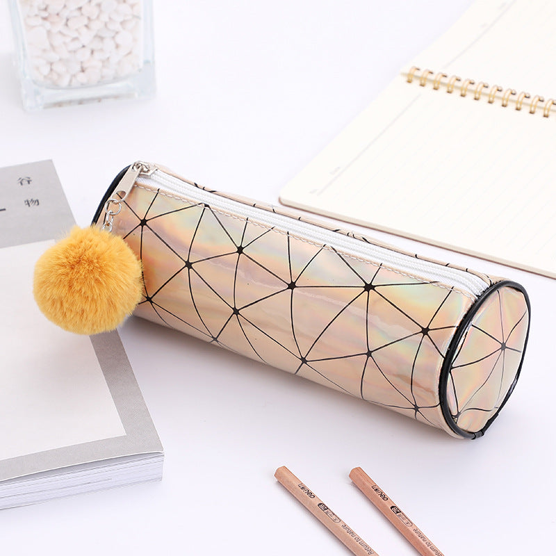 Wholesale Cylindrical Laser Pencil Case with Fur Ball