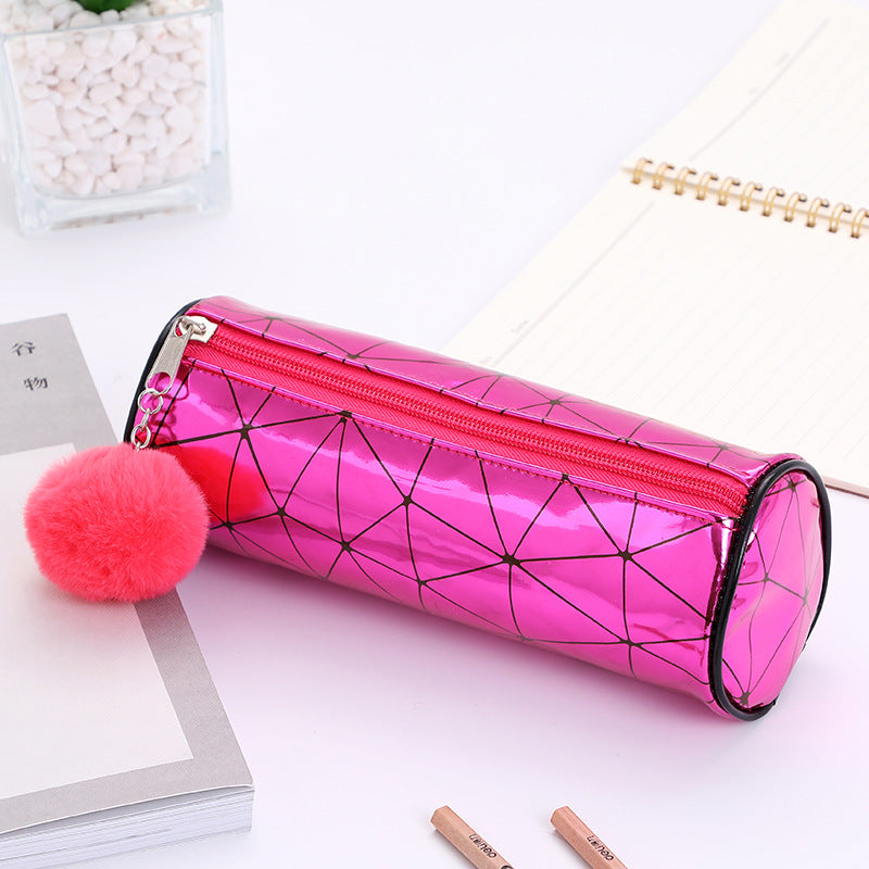 Wholesale Cylindrical Laser Pencil Case with Fur Ball