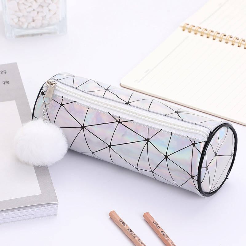 Wholesale Cylindrical Laser Pencil Case with Fur Ball