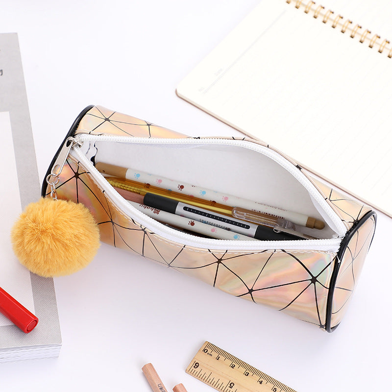 Wholesale Cylindrical Laser Pencil Case with Fur Ball