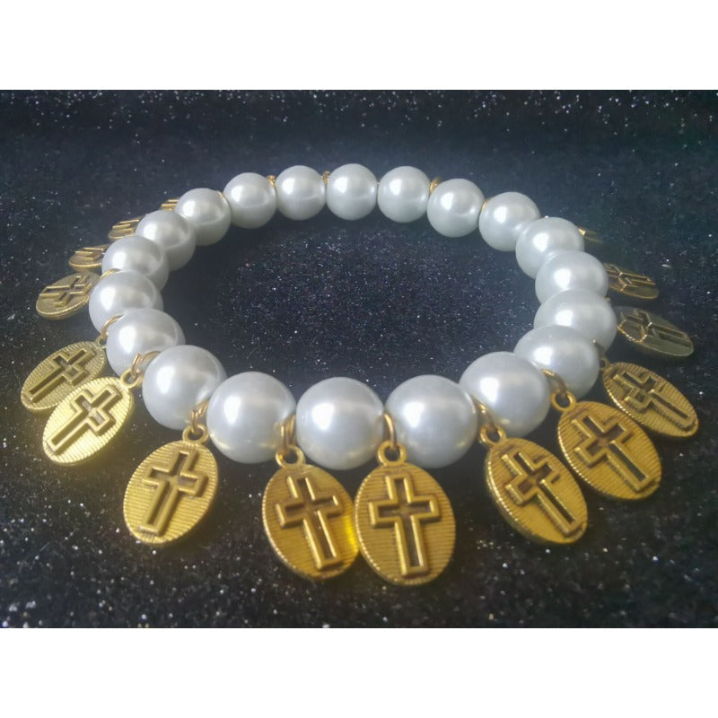 Wholesale Cross Holy Medal Decorated Imitation Pearl Bracelet