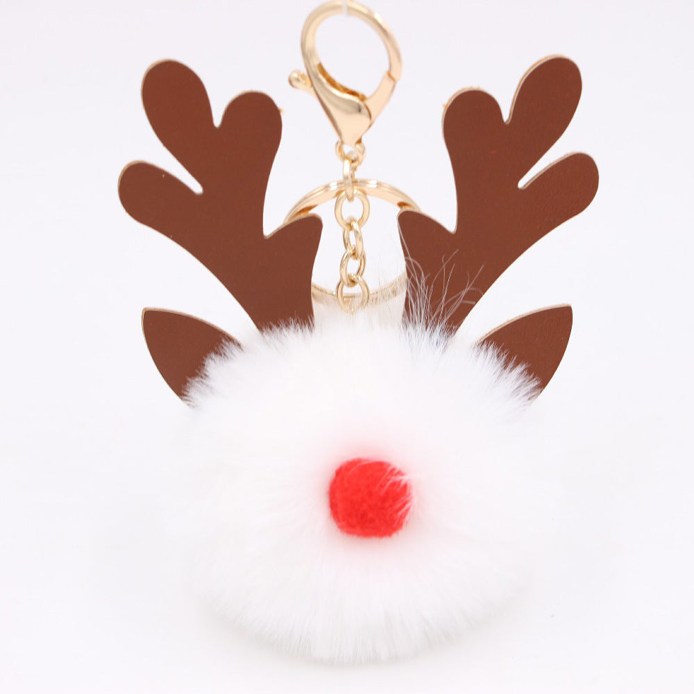 Wholesale Light Blue Plush Elk Antler Keychain With Pom Pom Gold Finished Leather Pendant Christmas Purse Charm Gift For Women Boutique Resale