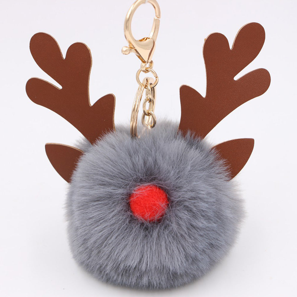 Wholesale Light Blue Plush Elk Antler Keychain With Pom Pom Gold Finished Leather Pendant Christmas Purse Charm Gift For Women Boutique Resale