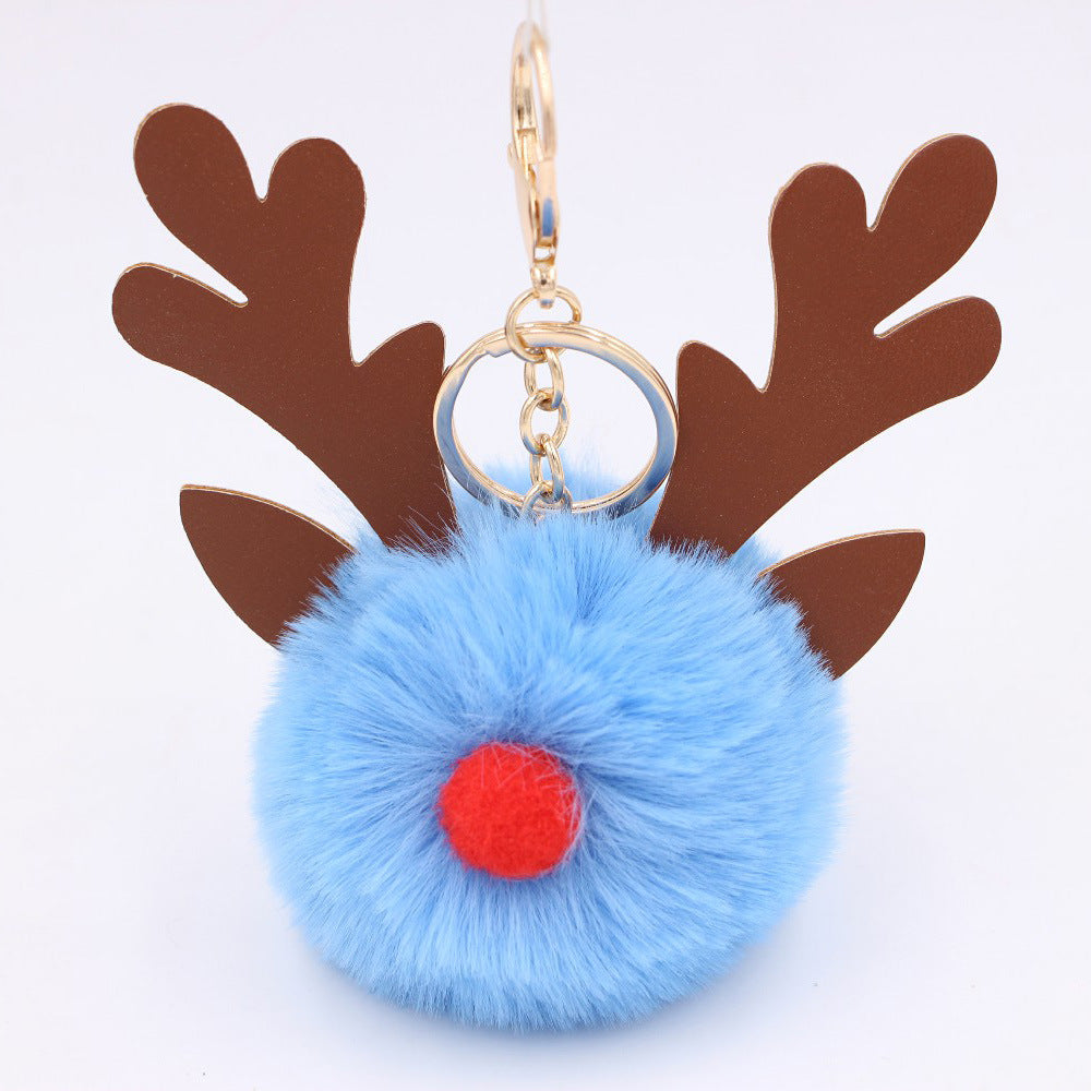 Wholesale Light Blue Plush Elk Antler Keychain With Pom Pom Gold Finished Leather Pendant Christmas Purse Charm Gift For Women Boutique Resale