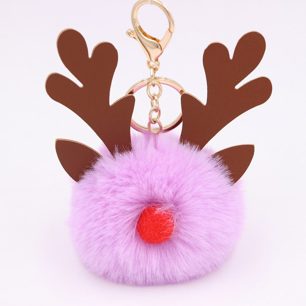 Wholesale Light Blue Plush Elk Antler Keychain With Pom Pom Gold Finished Leather Pendant Christmas Purse Charm Gift For Women Boutique Resale