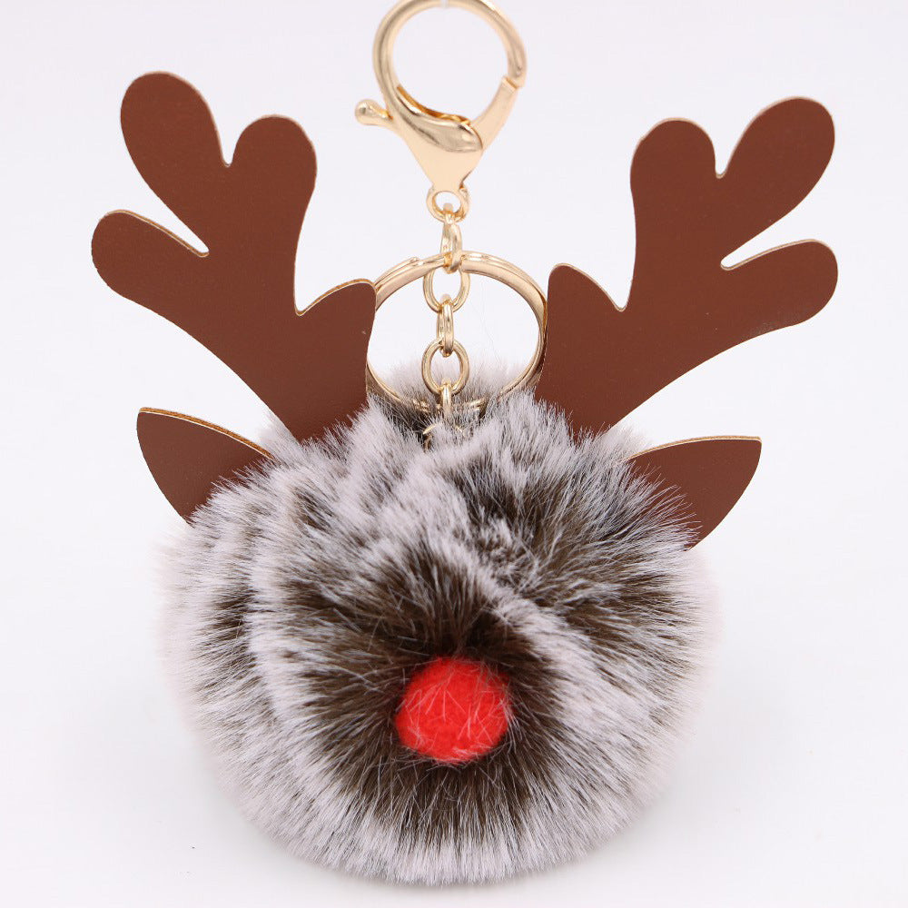 Wholesale Light Blue Plush Elk Antler Keychain With Pom Pom Gold Finished Leather Pendant Christmas Purse Charm Gift For Women Boutique Resale