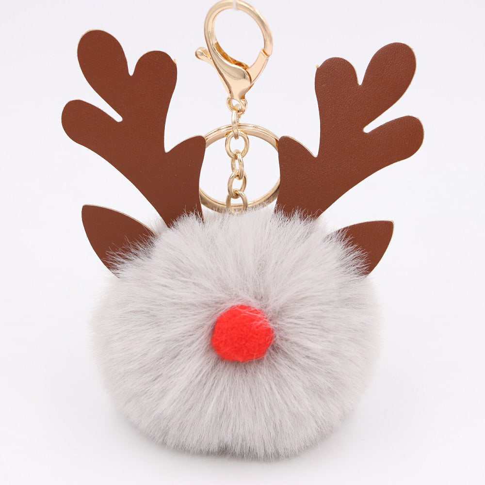Wholesale Light Blue Plush Elk Antler Keychain With Pom Pom Gold Finished Leather Pendant Christmas Purse Charm Gift For Women Boutique Resale