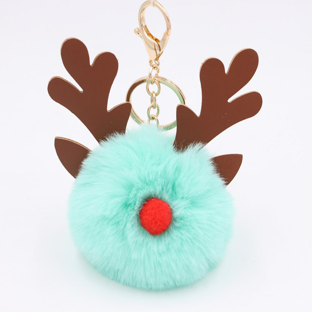 Wholesale Light Blue Plush Elk Antler Keychain With Pom Pom Gold Finished Leather Pendant Christmas Purse Charm Gift For Women Boutique Resale