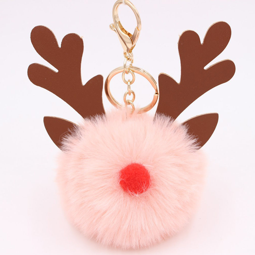 Wholesale Light Blue Plush Elk Antler Keychain With Pom Pom Gold Finished Leather Pendant Christmas Purse Charm Gift For Women Boutique Resale