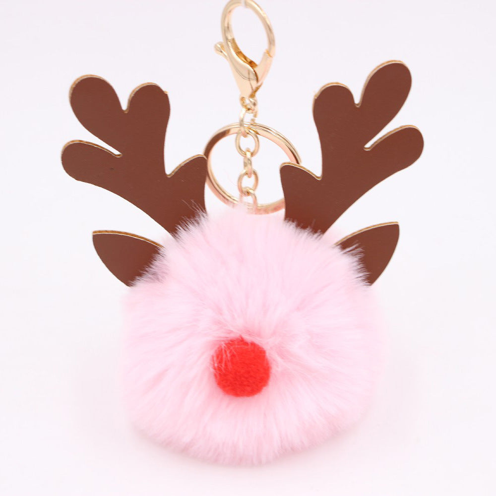 Wholesale Light Blue Plush Elk Antler Keychain With Pom Pom Gold Finished Leather Pendant Christmas Purse Charm Gift For Women Boutique Resale