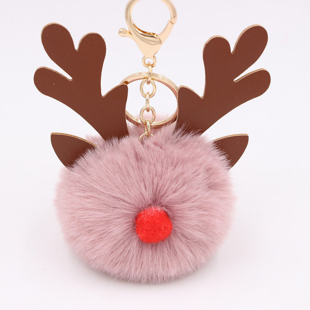 Wholesale Light Blue Plush Elk Antler Keychain With Pom Pom Gold Finished Leather Pendant Christmas Purse Charm Gift For Women Boutique Resale