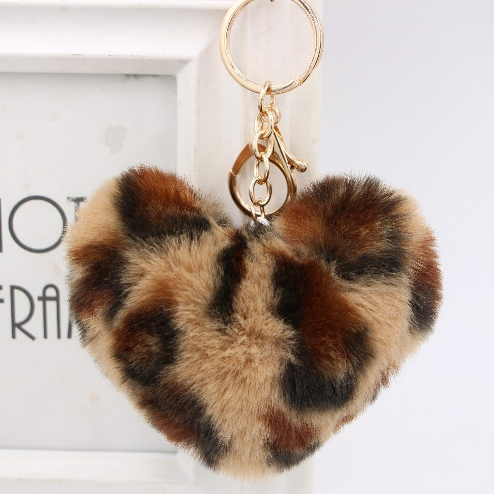 Wholesale Leather Leopard Heart Pom Pom Keychain Stylish Gold Chain Bag Charm For Women Everyday Gift Boutique Resale