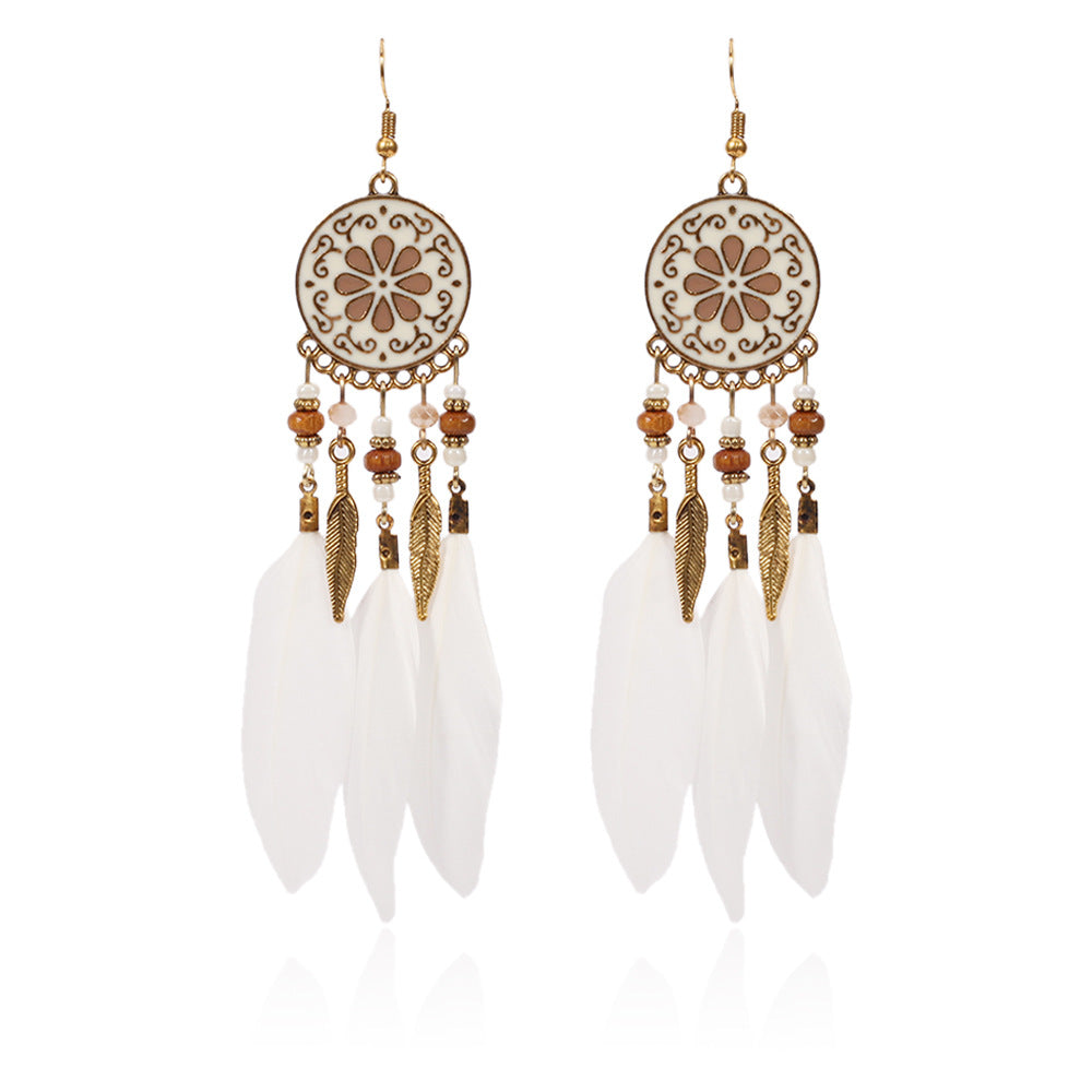 Wholesale Bohemian Ethnic Style Disc Pattern Alloy Feather Earrings